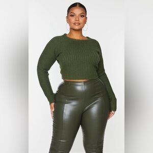 KHAKI CROPPED RIB KNIT SWEATER PLUS SIZE